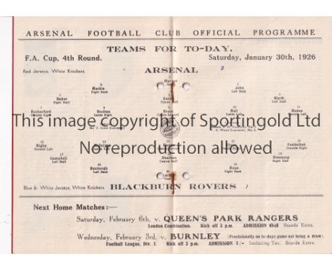 ARSENAL  V BLACKBURN ROVERS 1926 FA CUP     Programme for the tie at Arsenal 30/1/1926, 2 punched holes and scores entered.  