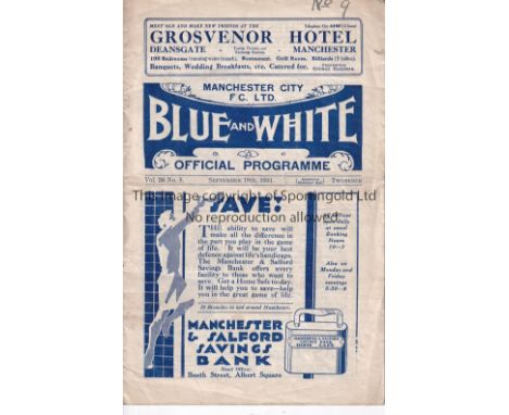 ARSENAL      Away programme v Manchester City  19/9/1931. Score, scorers and team changes with number on front cover. Newspap