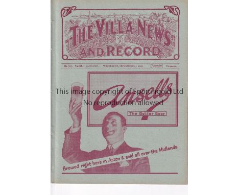 ARSENAL     Away programme v Aston Villa  25/9/1929. Ex Bound Volume.    Generally good