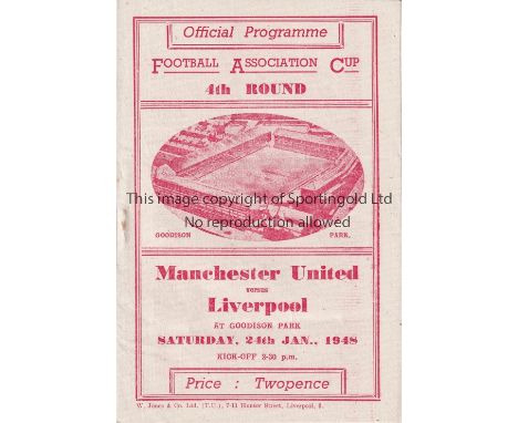 MANCHESTER UNITED V LIVERPOOL AT EVERTON 1948       Programme for the home FA Cup tie for Manchester United on 24/1/1948 who 