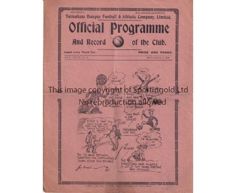 TOTTENHAM HOTSPUR      Programme for the home League match v. Hull City 2/9/1935, folded and scores entered.    Generally goo