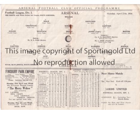 ARSENAL    Home programme v Chelsea 27/4/1936. Light vertical fold. Some staple rust. No writing. Fair to generally good     