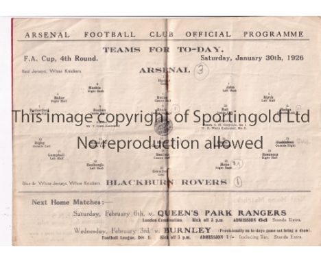 ARSENAL    Home programme v. Blackburn Rovers 30/1/1926 FA Cup, slightly creased and pencil scores entered.    Generally good