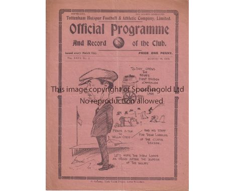 TOTTENHAM HOTSPUR      Programme for the home League match v. Wolves 28/8/1933, slightly creased, team changes and scores ent