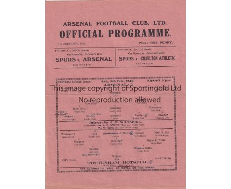 ARSENAL     Single sheet home programme in the FL South for season 1945/6 v. Tottenham Hotspur 9/2/1946, slight horizontal cr