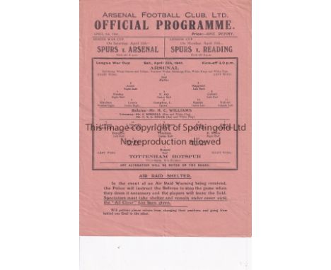 ARSENAL    Single sheet home programme v. Tottenham Hotspur 5/4/1941 London War Cup, slightly creased.   Generally good