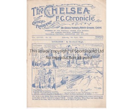 CHELSEA    Home programme v Leeds United 8/4/1933. Not ex Bound Volume. Light staple rust. No writing. Fair to generally good