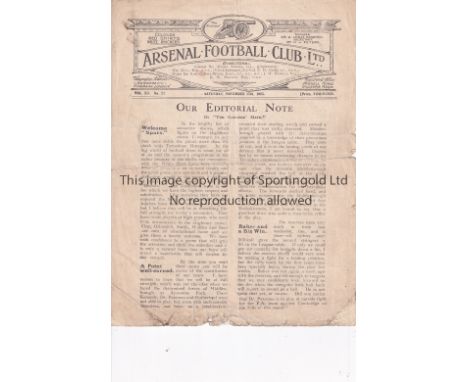 ARSENAL     Home programme for the League match v Tottenham Hotspur 17/11/1923, horizontal fold, wear at the bottom and small