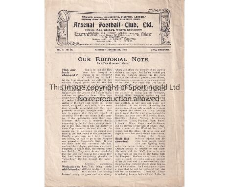 ARSENAL    Home programme v. Queen's Park Rangers 7/1/1922 for the FA Cup tie, horizontal crease.    Generally good