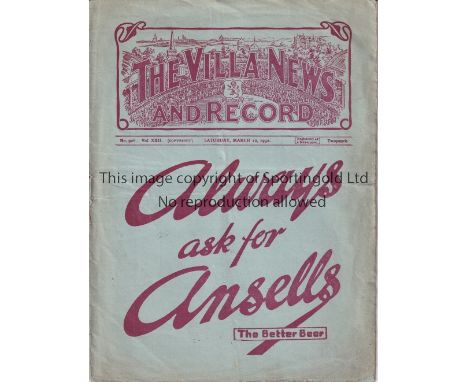 FA CUP SEMI FINAL 1932 AT VILLA   Programme Arsenal v Manchester City FA Cup Semi Final at Villa Park 12/3/1932. Minor wear. 