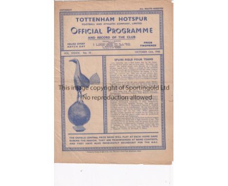TOTTENHAM HOTSPUR     Home programme for the Football Combination match v Plymouth Argyle 12/10/1946, horizontal crease.    G