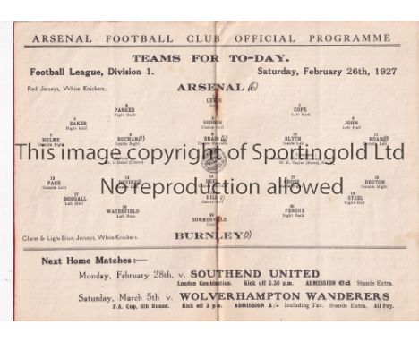 ARSENAL    Home programme v. Burnley 26/2/1927, very slight vertical crease and scores entered.    Generally good