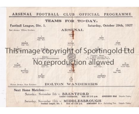 ARSENAL    Home programme v. Bolton Wanderers 29/10/1927, horizontal crease and slightly rusty staples.    Generally good
