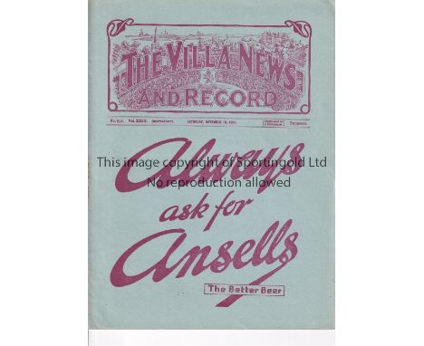 ARSENAL     Away programme v Aston Villa 19/11/1932. No writing.   Generally good
