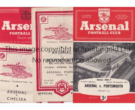 ARSENAL RESERVES     Five home programmes v. Bournemouth, Crystal Palace Cup slightly grubby and Chelsea Cup 47/8, Millwall 5
