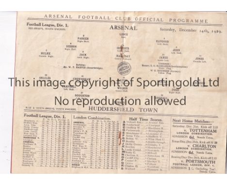 ARSENAL    Home programme v. Huddersfield Town 14/12/1929 with 2 newspaper reports. Staples removed and very slightly creased