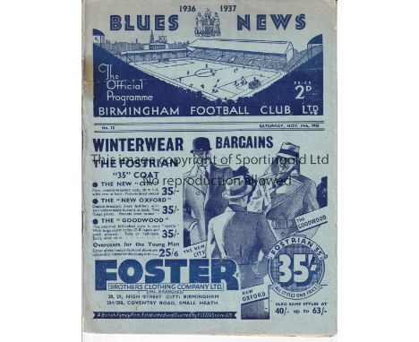 ARSENAL     Away programme v Birmingham City 14/11/1936. Score, scorers, team changes inserted. Some foxing. Fair to generall
