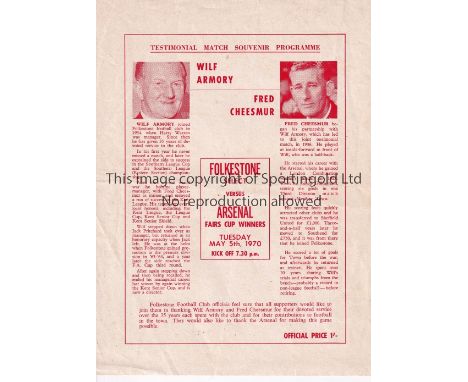 ARSENAL     Programme for the away Friendly v. Folkestone Select 5/5/1970, slight horizontal crease and team changes.    Gene