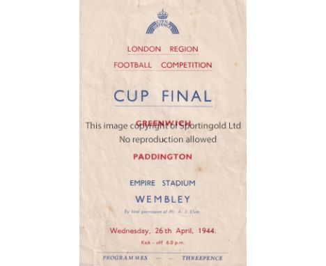 FOOTBALL AT WEMBLEY STADIUM 1944      Scarce programme and typed ticket for the London Region Football Competition Cup Final,