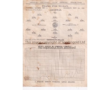 ARSENAL    Home programme v. Birmingham 1/5/1926, slightly marked inside. No single sheet photo insert.      Generally good