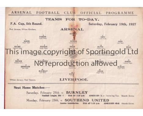 ARSENAL    Home programme v. Liverpool 19/2/1927 FA Cup, staples removed, slightly creased and very slightly marked.    Gener