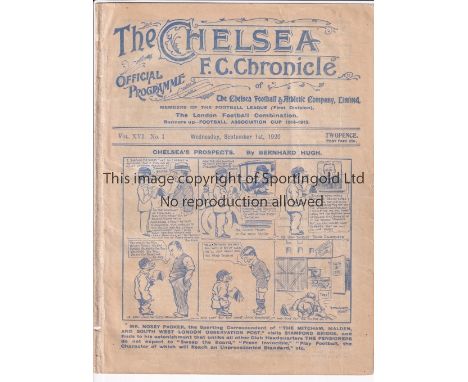 CHELSEA      Home programme v Bolton Wanderers 1/9/1920. Ex Bound Volume. With portrait insert of Harry Wilding. Some light s