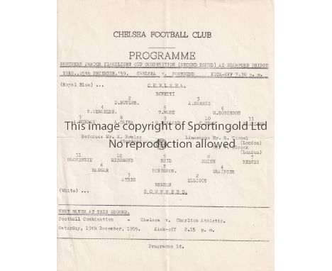 CHELSEA     Single sheet home programme for the Southern Junior Floodlight Cup tie v Southend United at Stamford Bridge 15/12