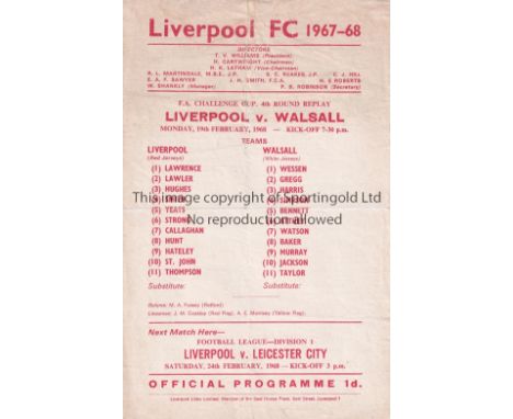 LIVERPOOL    Single sheet home programme for the FA Cup tie v. Walsall 19/2/1968, folded in four.   Fair to generally good