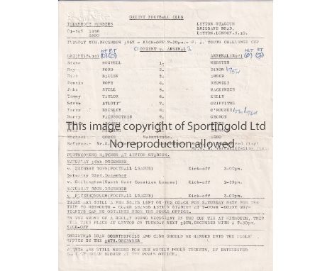 ARSENAL       Single sheet programme for the away Youth Cup tie v. Orient 5/12/1967, writing on the reverse, folded and score