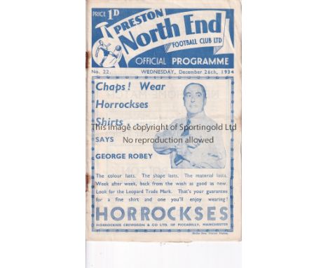 ARSENAL     Away programme v Preston North End 26/12/1934. Staple rust. Team changes in pencil.    Fair to generally good