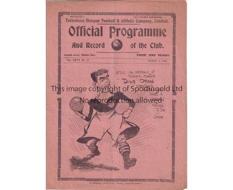 TOTTENHAM HOTSPUR      Programme for the home League match v. Everton 3/3/1934, slightly creased and scores entered.    Gener