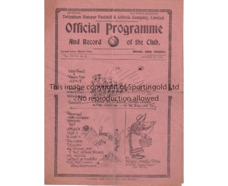 TOTTENHAM HOTSPUR      Programme for the home League match v. Everton 25/8/1934, folded and scores entered.    Generally good