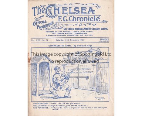 CHELSEA V ARSENAL 1934    Programme at Chelsea 24/11/1934. Not Ex Bound Volume. Staple rust. No writing.    Fair to generally