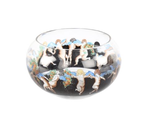 A Venetian glass bowl, circa 1920, with hand painted enamel frieze depicting cherubs and garlands, indistinct signature, over