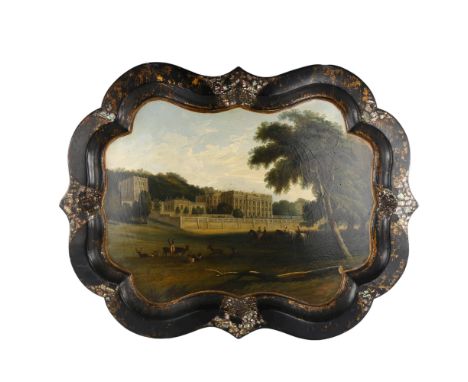 A large 19th century papier mache tea tray, with hand painted panel depicting Chatsworth House Derbyshire, Seat of the Duke o