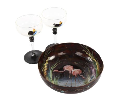A Limoges enamel on copper bowl, circa 1920, hand painted design depicting 2 flamingos and dragonflies, diameter 15cm, togeth