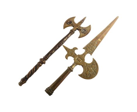 An ornamental cast-brass double-headed axe, length 51cm, and a cast-brass halberd head, length 61cm (2) 