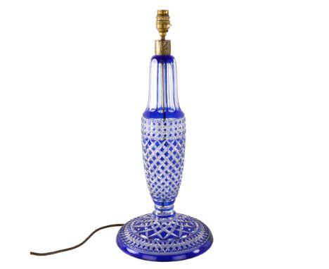 VAL ST LAMBERT - a blue overlay cut-glass table lamp, height including fitting 52cm 