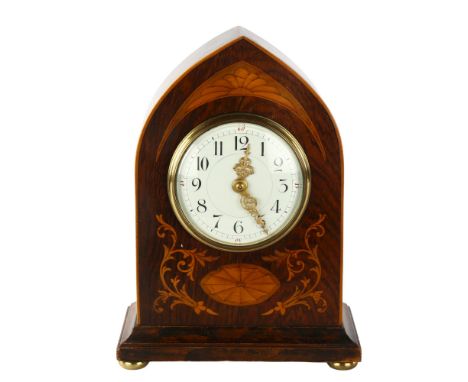 An Edwardian rosewood and marquetry inlaid lancet-top mantel clock, with 8-day sprung movement, height 23.5cm 