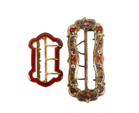 19th century gilt-metal and champleve enamel decorated buckle, length 9.5cm, and a gilt-metal and red enamel buckle, length 6