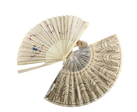 A French gilded mother-of-pearl fan, length 27cm, and a Chinese bone and silk embroidered fan (2) (A/F)Mother-of-pearl fan en