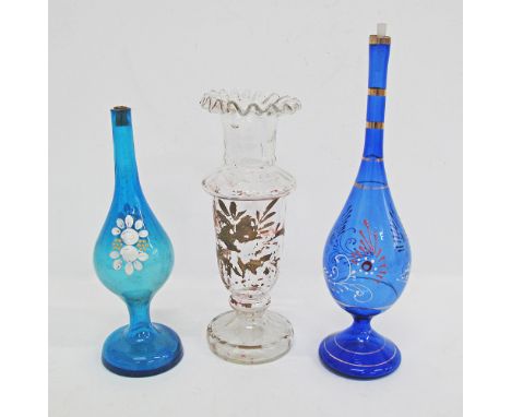 Two Beykoz rose water bottles in blue glass decorated with enamels, the tallest H29cm, together with a clear glass vase with 