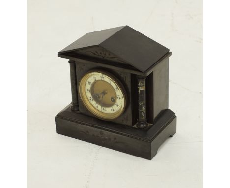 A French black slate mantle clock the case W25cm, H25cm, D13cm, c1900s. Missing key and pendulum.(A/F)