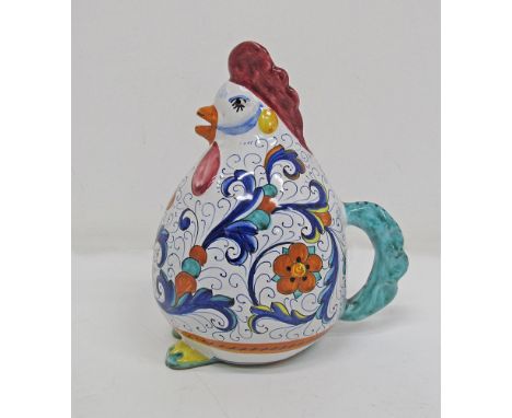 Vintage Italian Majolica Deruta, Wine Decanter, ceramic design numbered 6354/1, Rooster pitcher, H24cm, c1950s.