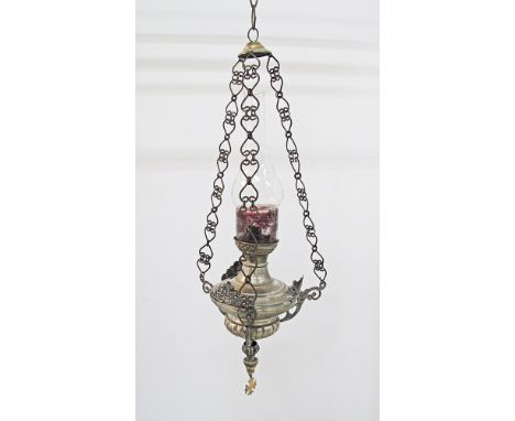 A probably Italian Eternal light - Ner Tamid - sanctuary lamp, suspended by three chains with scrolling links, converted to e