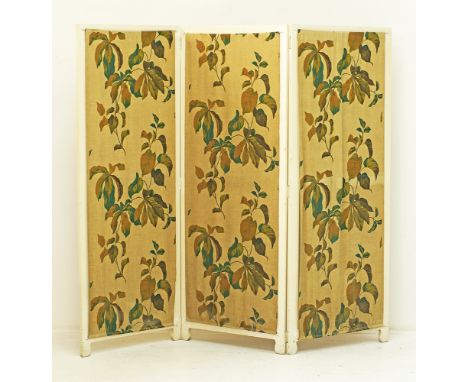 A vintage three fold wooden screen / room partition / divider, each panel measuring H165cm, W64cm, total width when opened 19