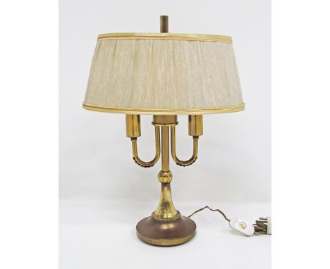 A vintage double arm brass candlestick Bouillotte desk table lamp with shade, H45cm, mid century.