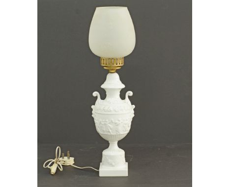 An Italian Capodimonte porcelain table lamp with a frosted glass shade (A/F), measuring H55cm, mid century.