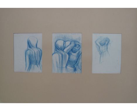 Adamantios Diamantis (Cypriot 1900-1994) three pencil sketches -studies of Cypriot peasant women, blue pencil on paper, each 