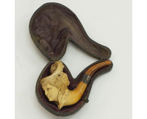 A European Meerschaum hand carved smoker's pipe in original leather box, modeled as a lady in a feather hat, length 10cm, c19